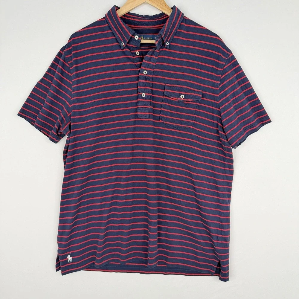 Ralph Lauren Blue Red Striped Polo Men's Shirt Sz-XL 100% Cotton